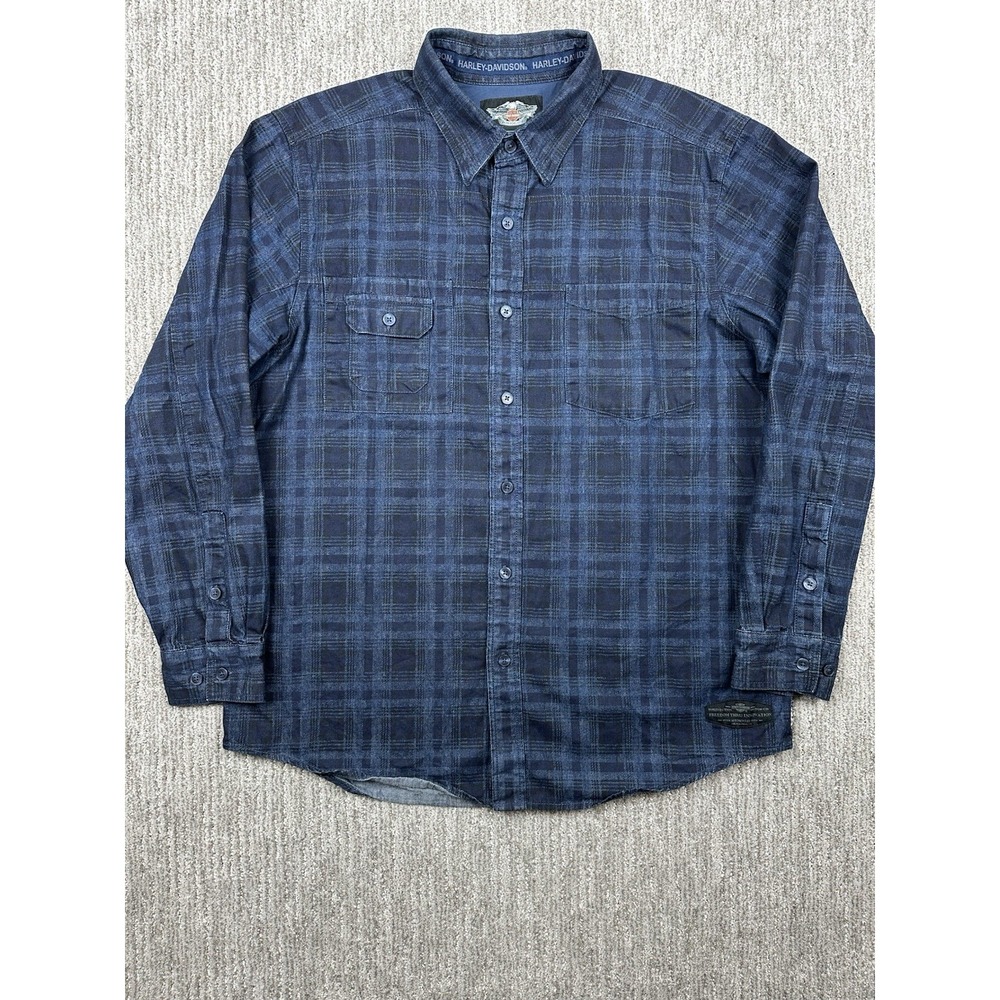 Harley-Davidson Mens XL Plaid Denim Button Down Shirt Blue Willie G Skull Logo